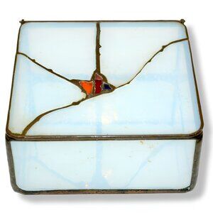 Antique 80s Stained Slag Glass Mirrored Modern Art Estate Jewelry Trinket Box